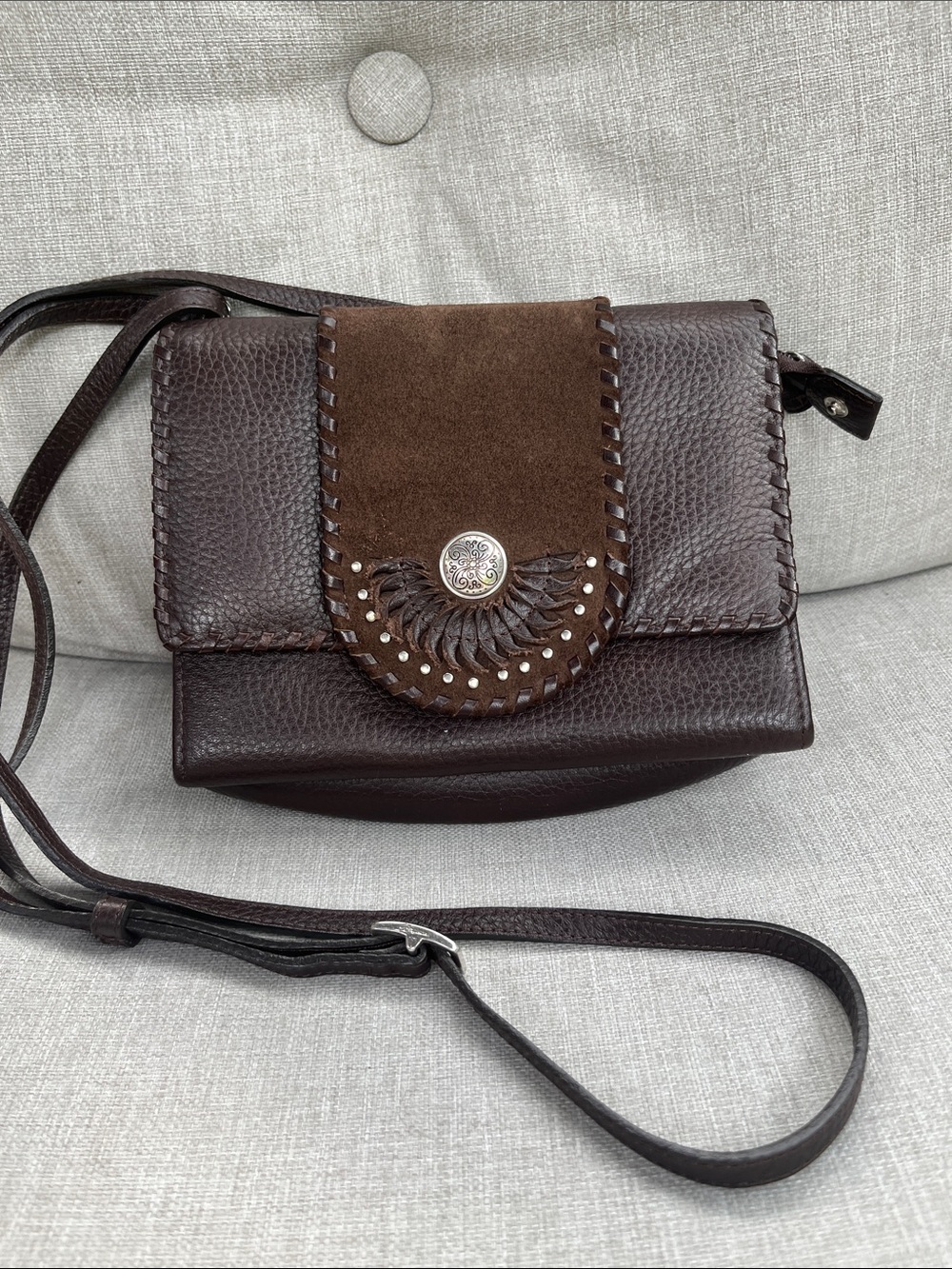 BRIGHTON Brown Pebbled Leather and Suede Crossbody Organizer.